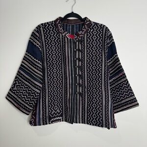 Woven Stand Collar Asian Style Black‎ White Red Toggle Wide Sleeve Jacket